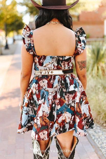 Jacquard Woven Ruffle Strap Flutter Horse Dress