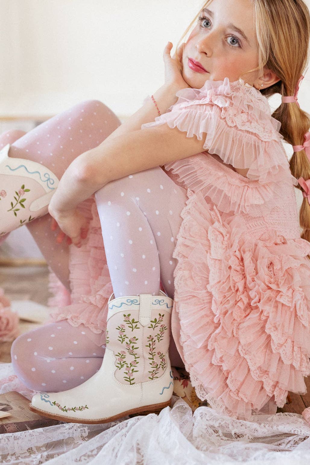 Mini Cream & Pink Rosemary Cowgirl Boots