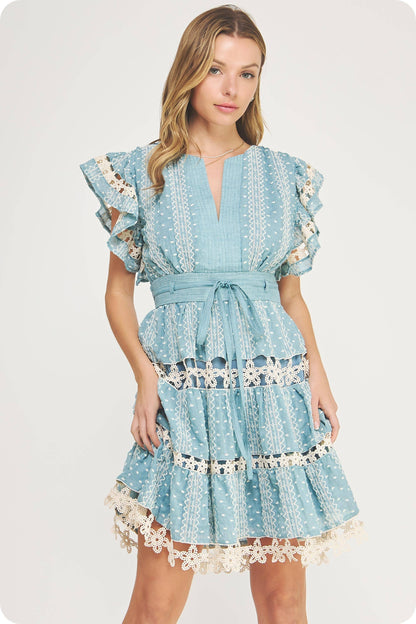 Embroidered Lace Trim Detail Mini Dress