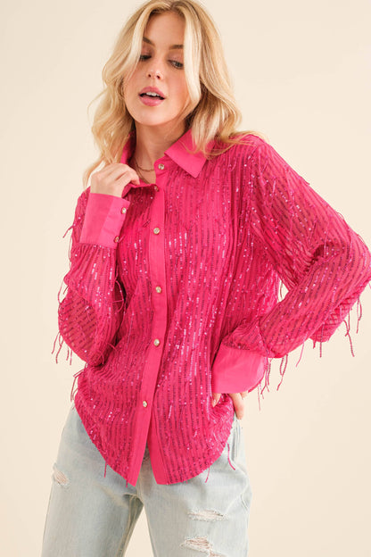 Sequin Stripe Fringe Button Up Shirt Blouse