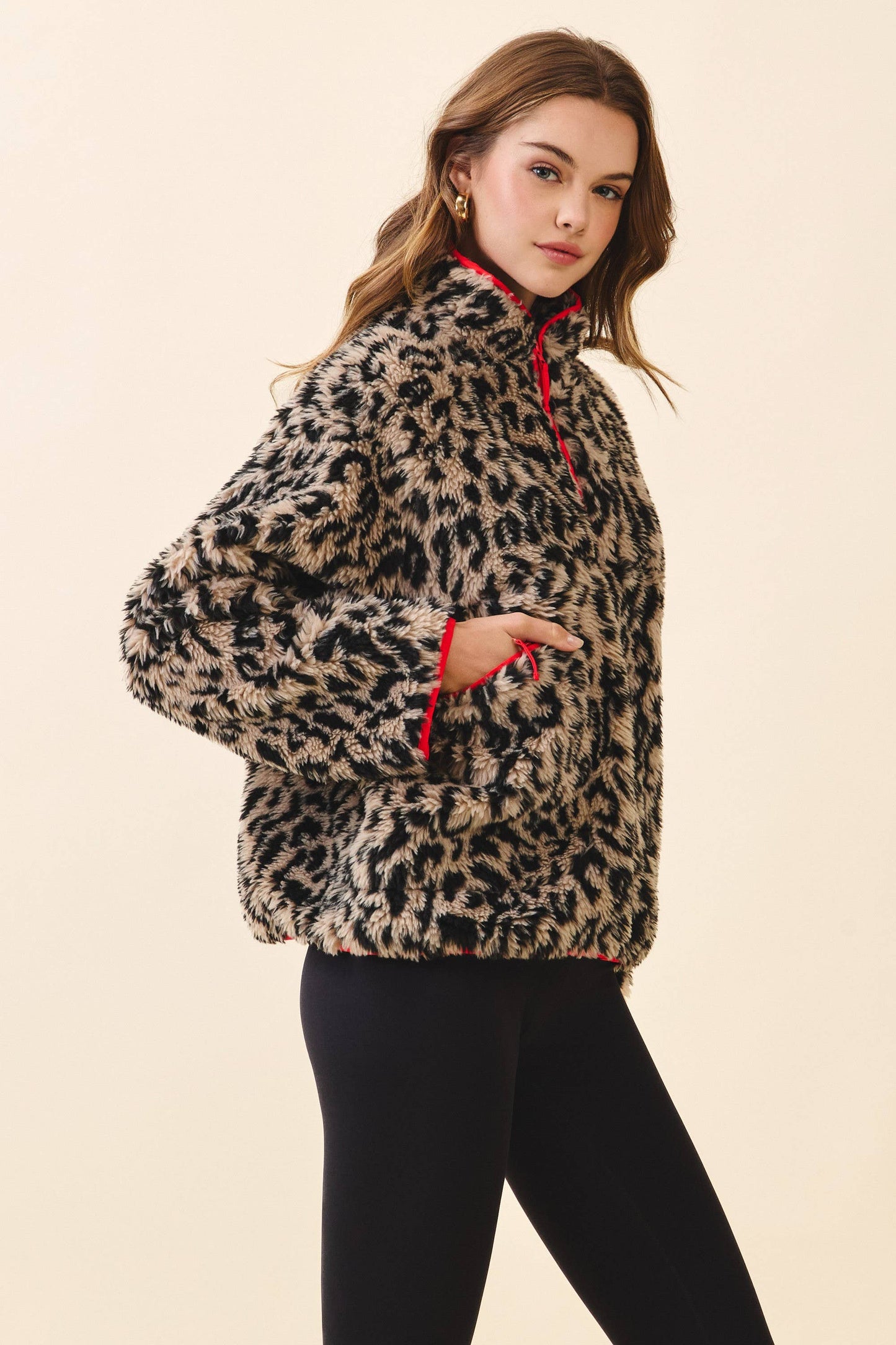 Faux Fur Leopard Half Zip Front Pullover Jacket