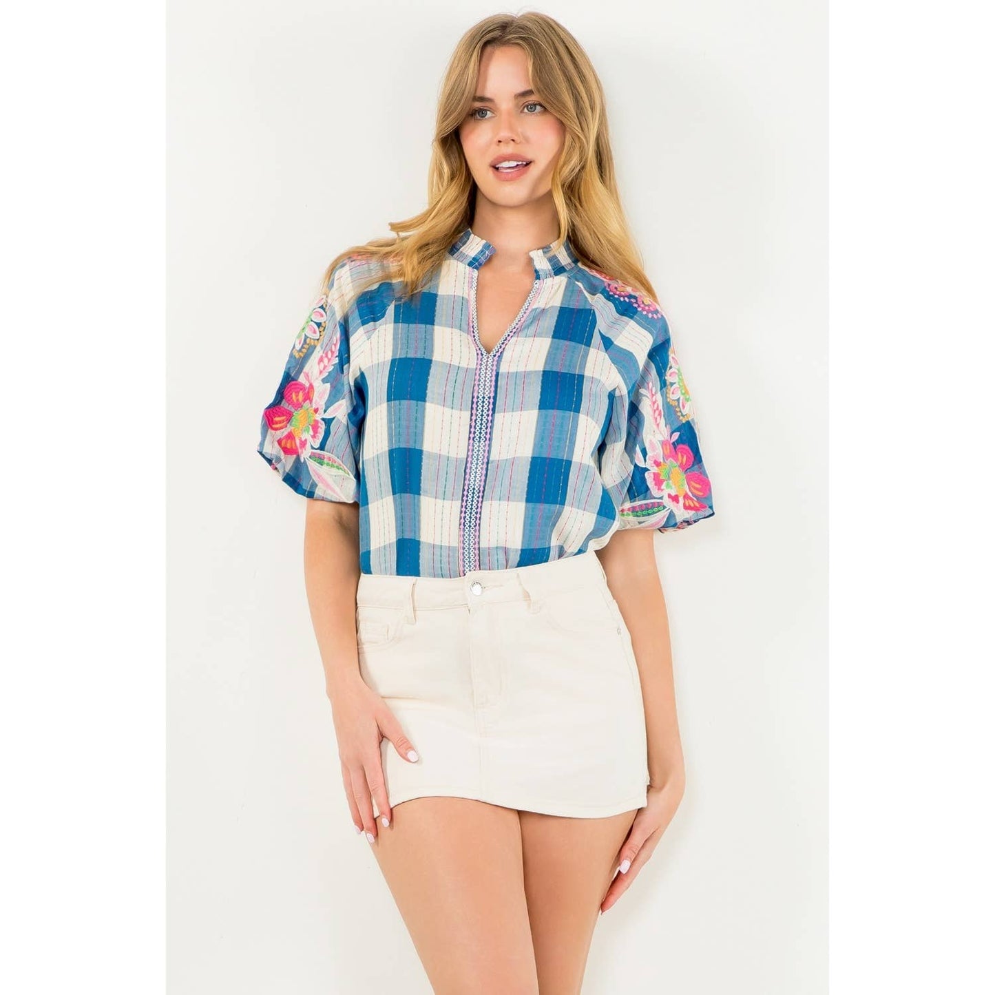 Embroidered Puff Sleeve Plaid Top