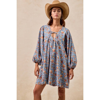 Washed Floral Denim Front Tied Dress