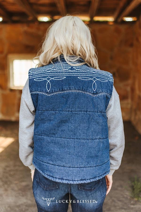 Midwash Denim Puffer Studded Button Down Vest