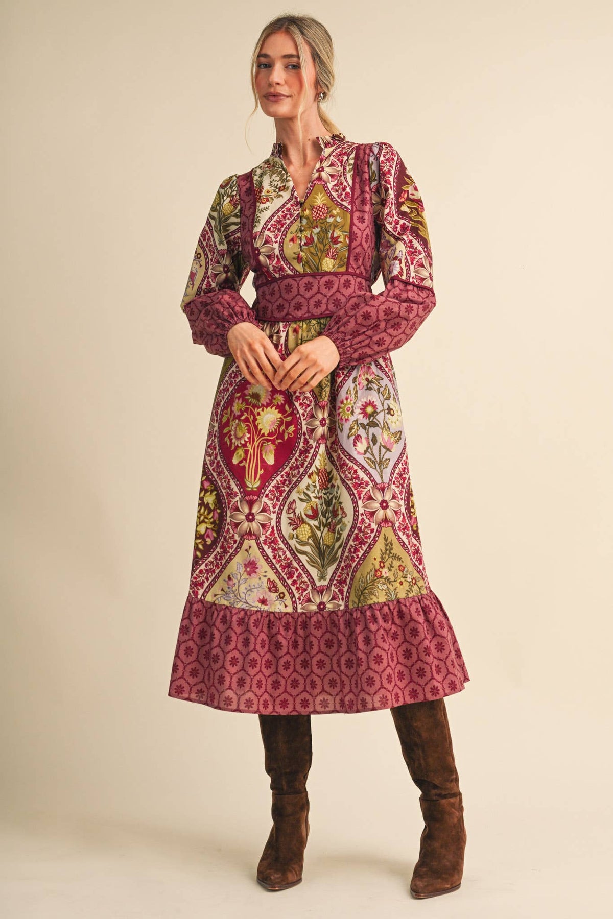Mixed Floral Print Midi Dress