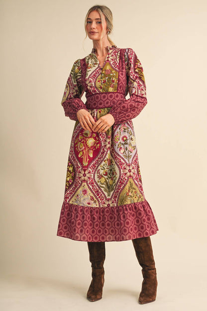 Mixed Floral Print Midi Dress
