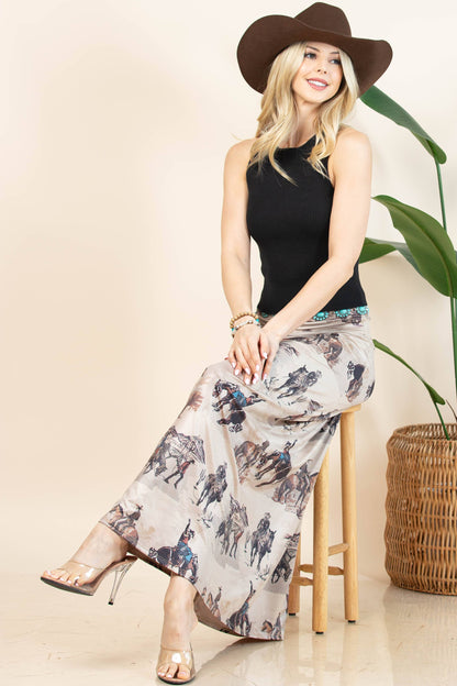 Anina Western Cowboy Print A-Line Full Knit Skirt