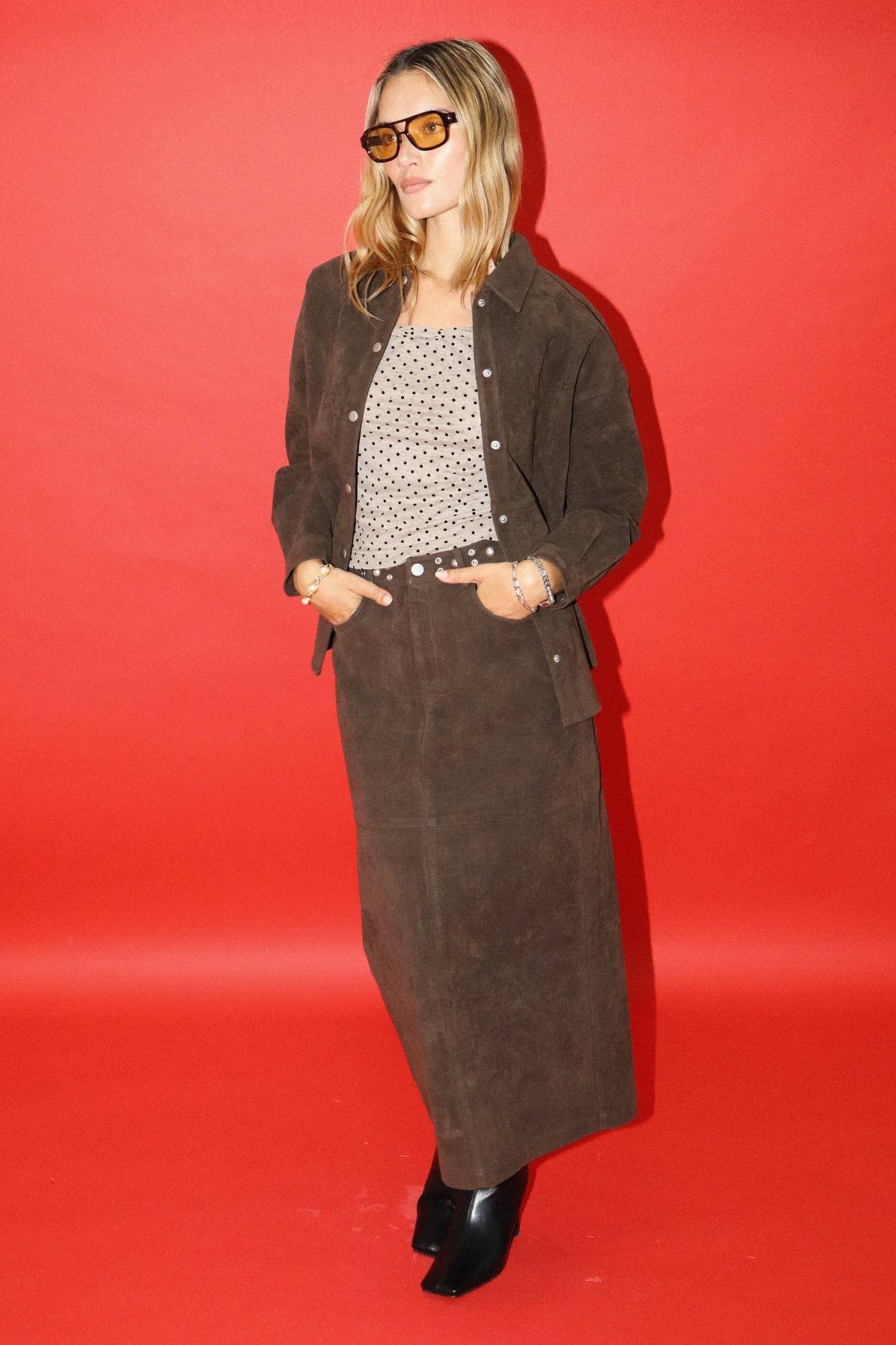 Studded Suede Midi Skirt