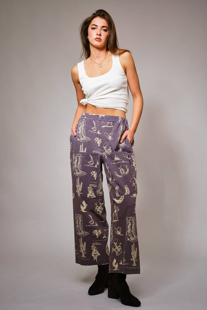 Western Motif Wide Leg Pants