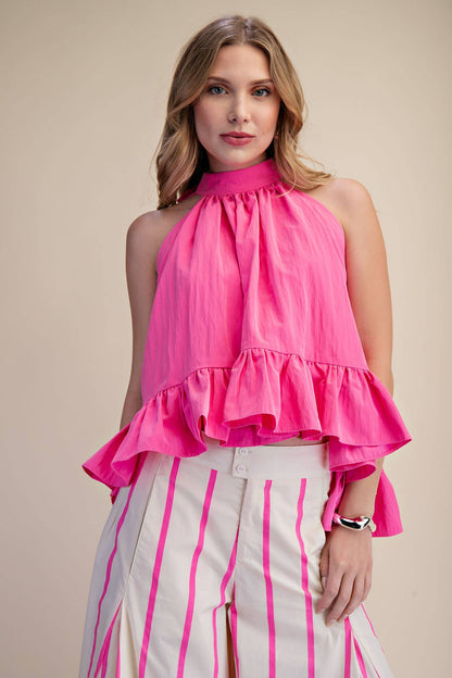 Halter Neck Back Neck Tie Ruffle Top