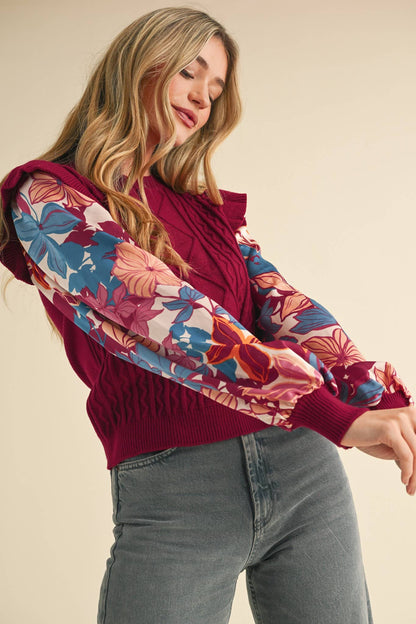 Floral Plum Mixed Media Sweater