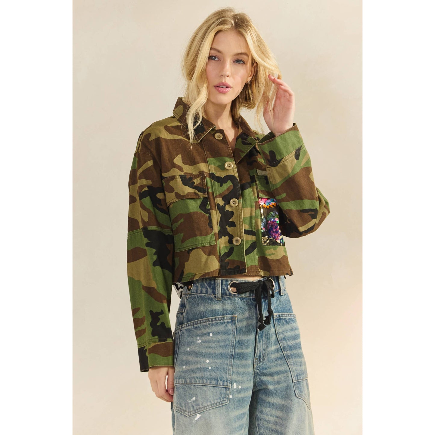 Camo Sequins Contrast Jacket