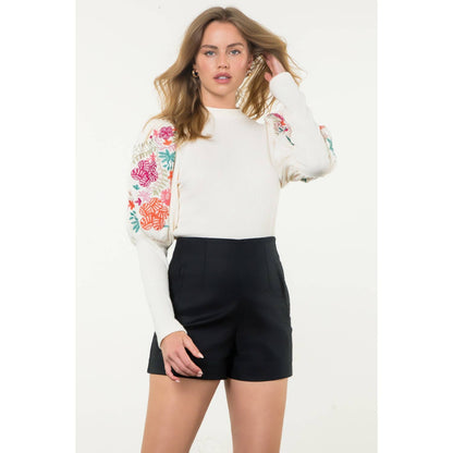 Embroidered Bishop Sleeve Sweater Top