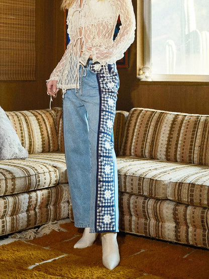 Garment Washed Side Crochet Denim Jeans