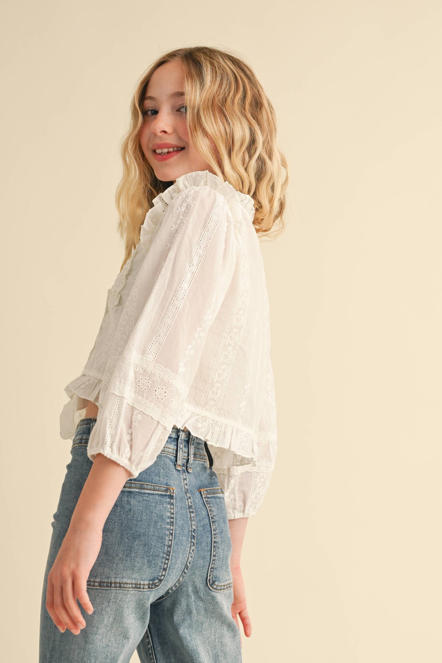 Tween Girls Cropped Button Down Blouse