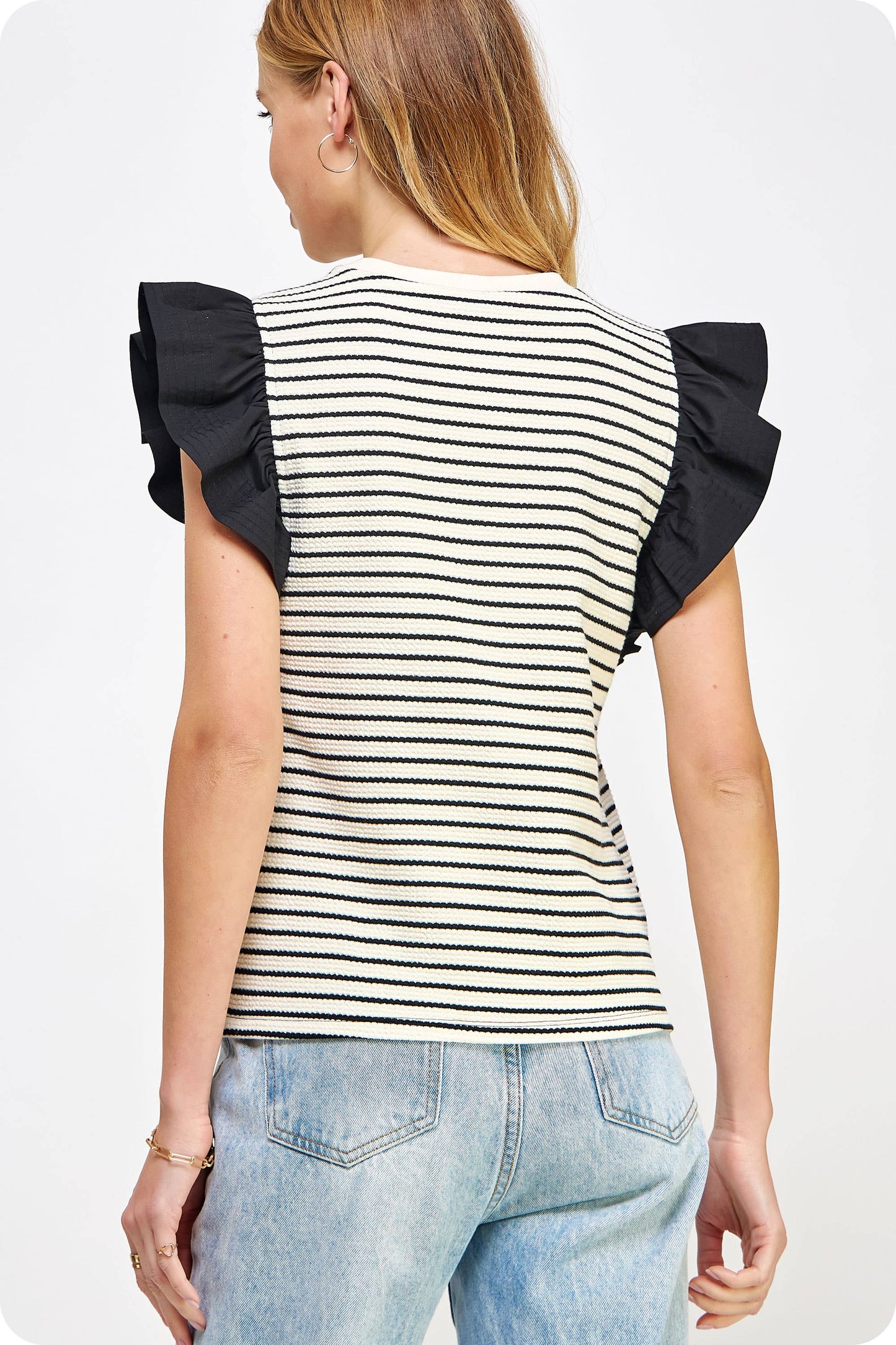 Mixed Media Stripe Top-stitch Knit Top