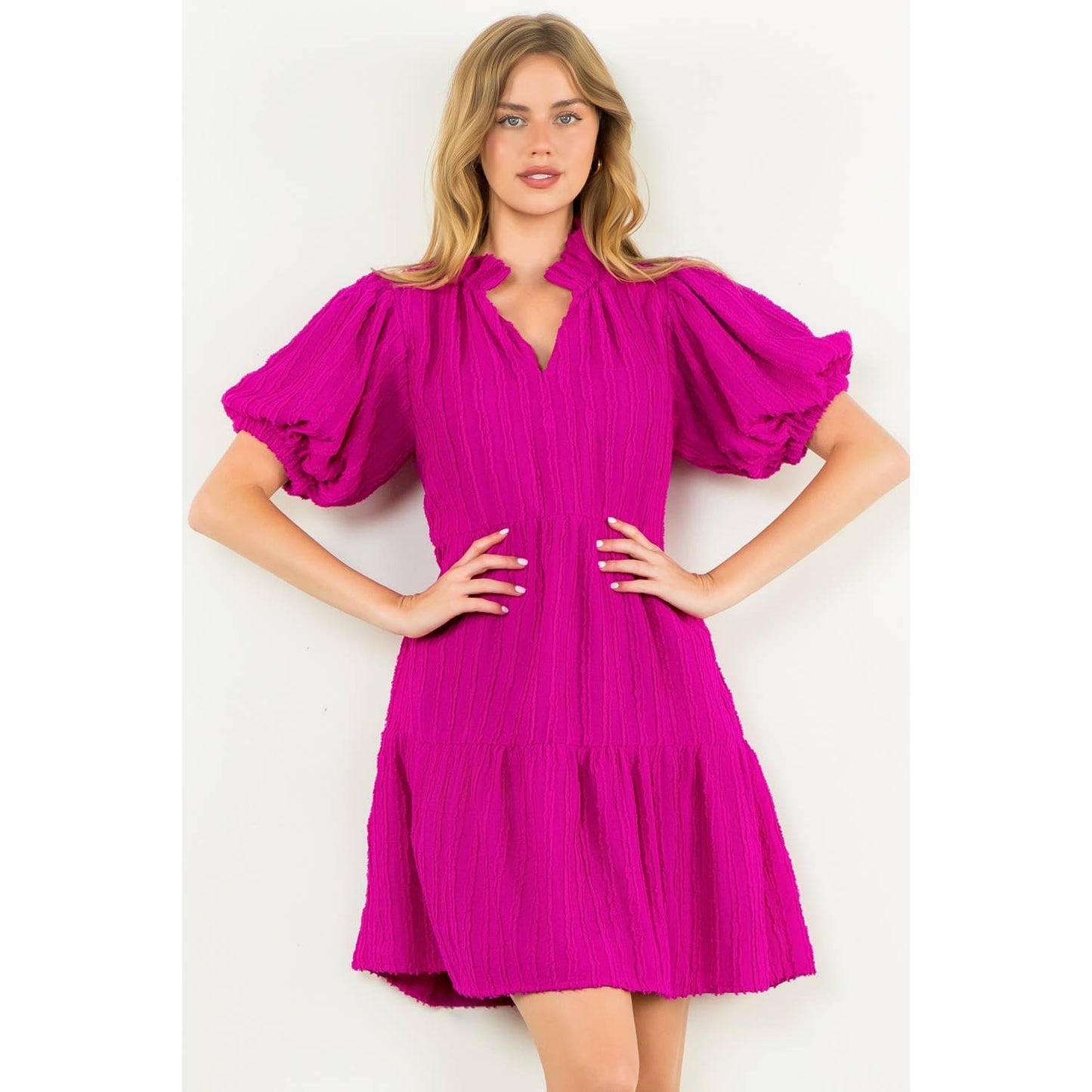 Tiered Puff Sleeve Textured Dress