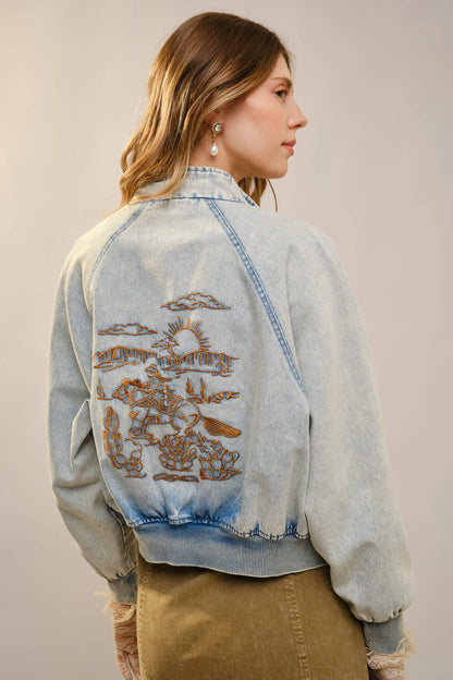 Western Embroidered Denim Bomber Jacket