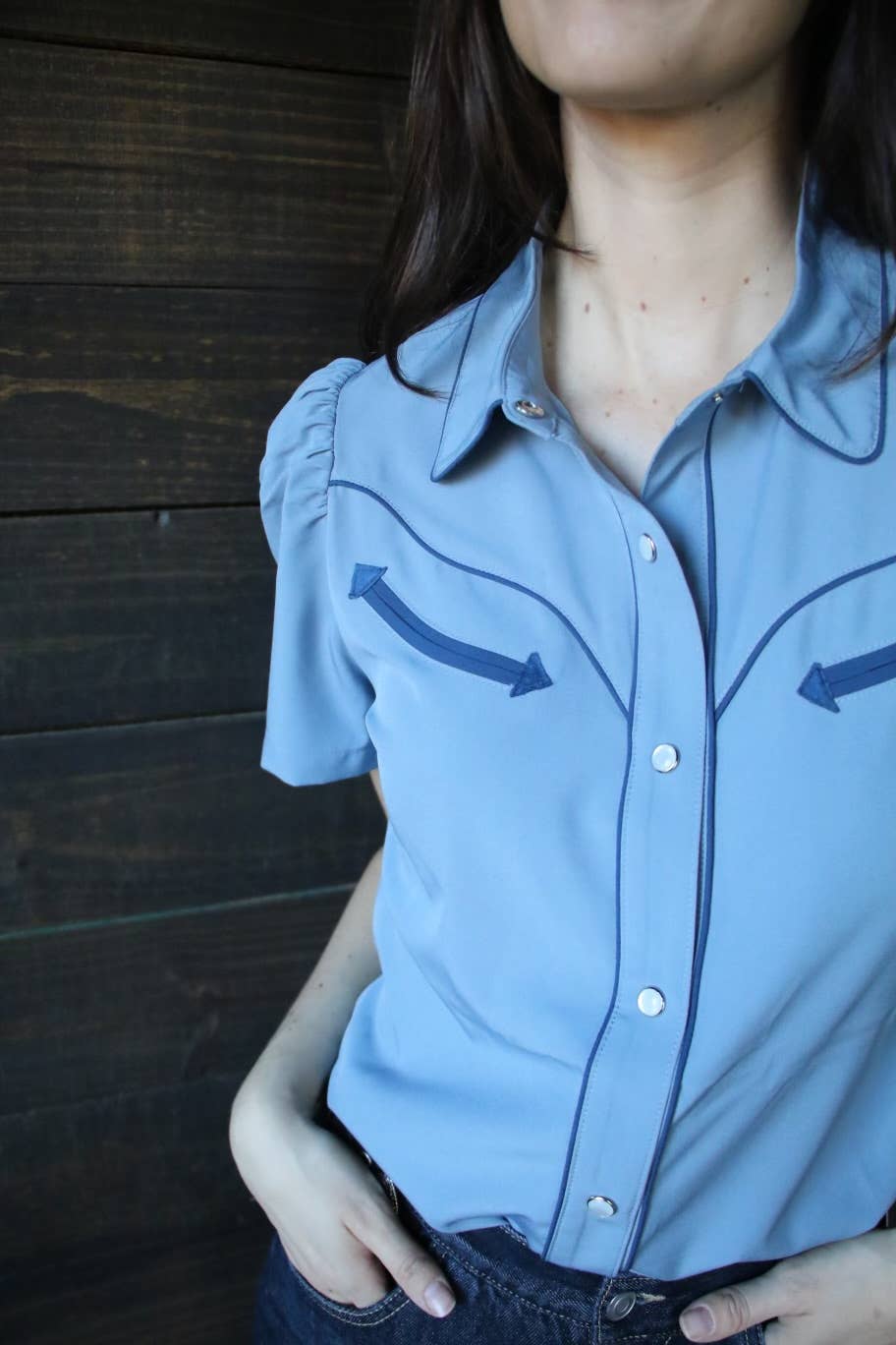 Denim Blue & Navy Pearl Snap Western Blouse