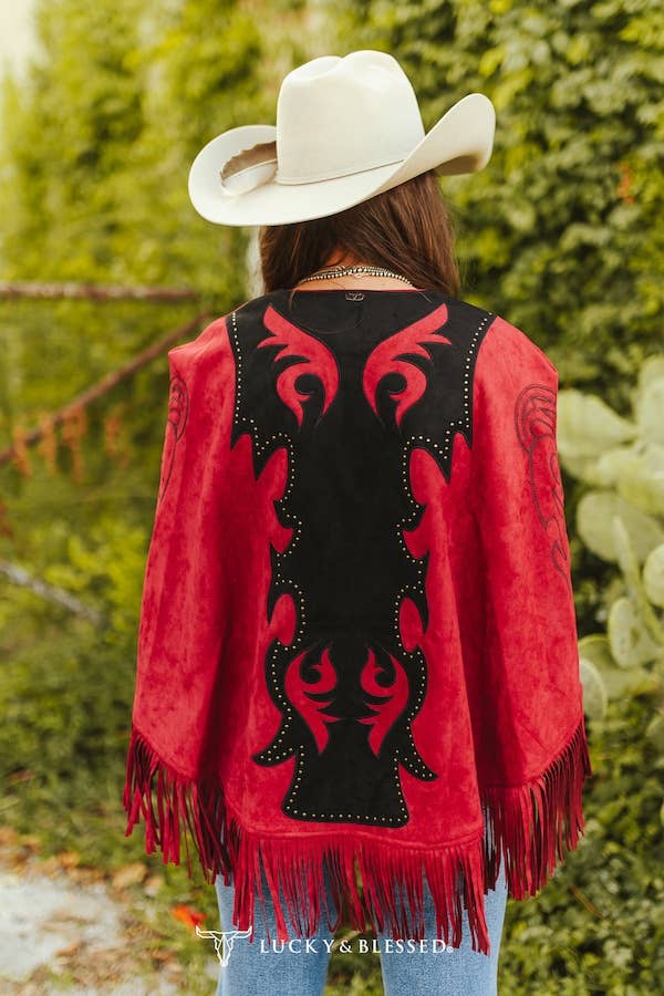 Wine Studded Black Patch Embroidered Fringe Cape