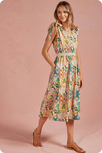 Garden Party Tie Shoulder Crochet Waist Midi Dress
