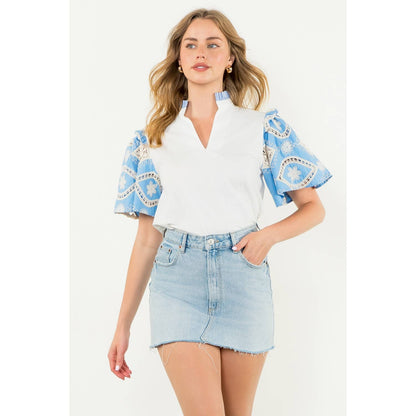 Embroidered Sleeve Poplin Top