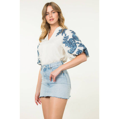 Embroidered Puff Sleeve V-Neck Top
