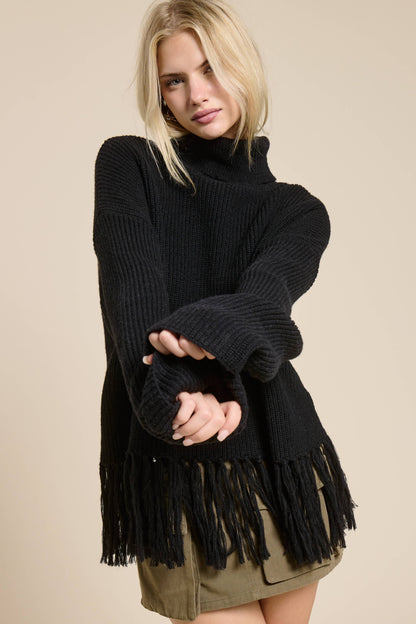 Fringe Hem Ribbed Turtleneck Sweater