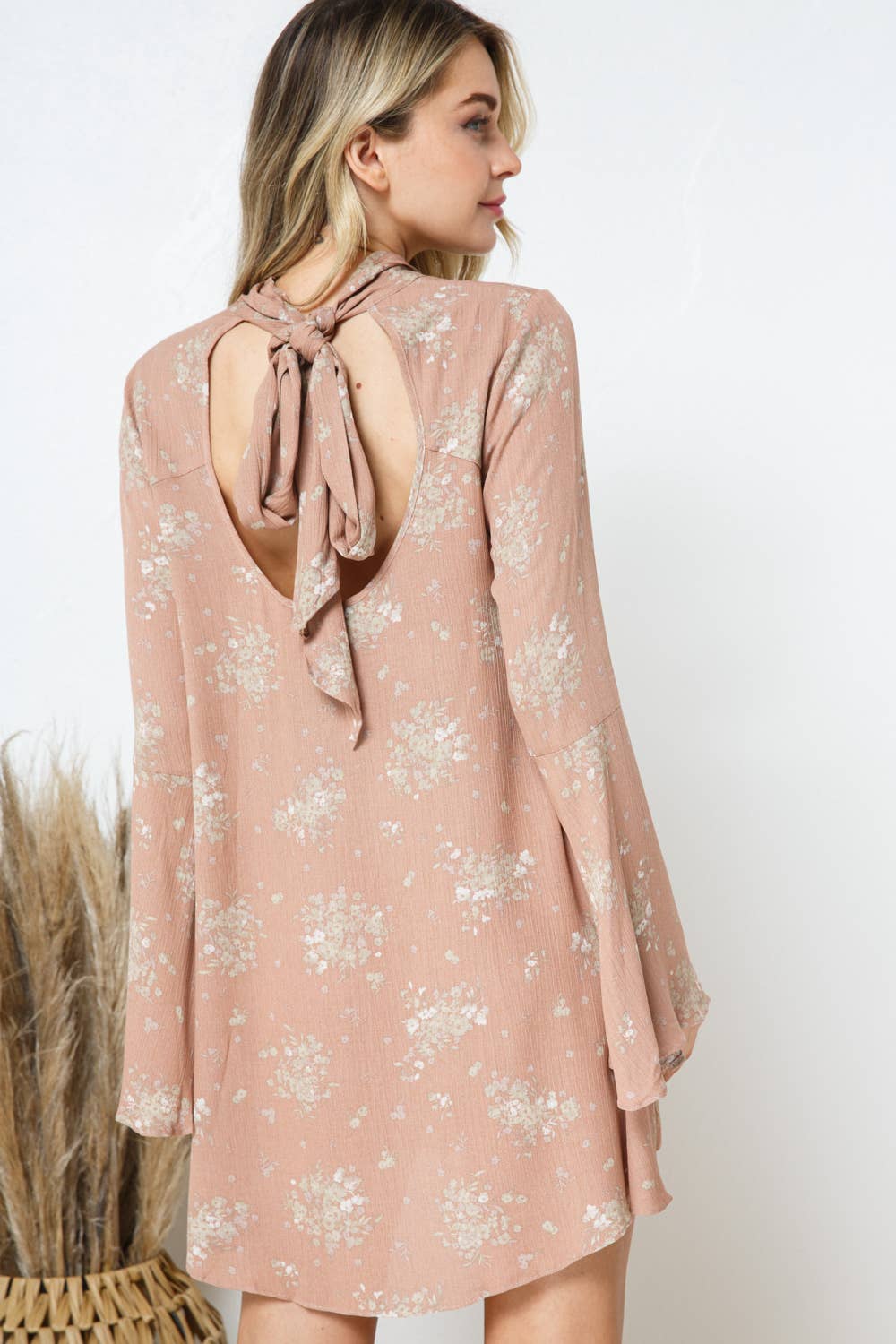 Floral Bell Mock Neck Back Open Tie Neck Mini Dress