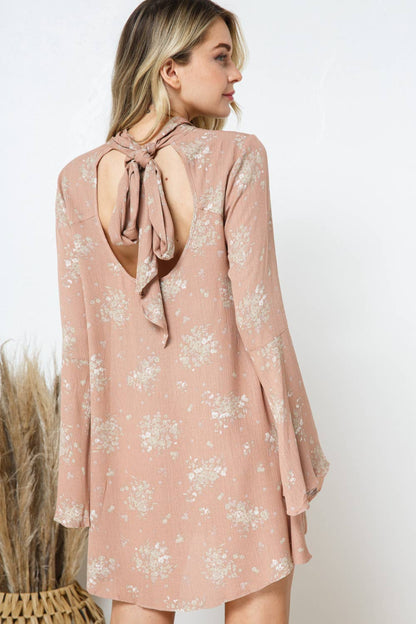 Floral Bell Mock Neck Back Open Tie Neck Mini Dress