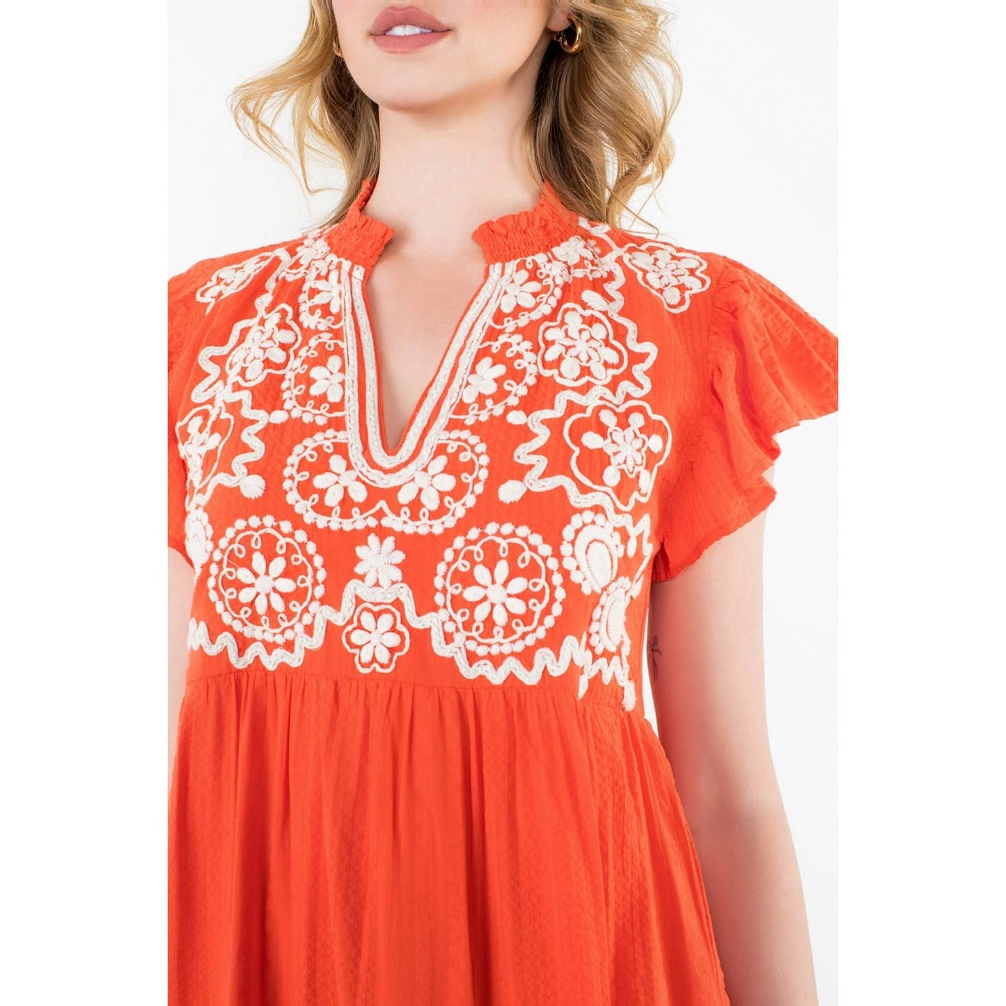 Embroidered Flutter Sleeve Mini Dress