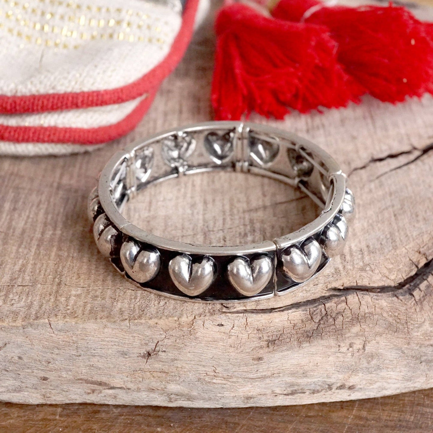 PennyLine Inc. Western Stretchy Bangles – Hearts or Stripes in Worn Silver Tone