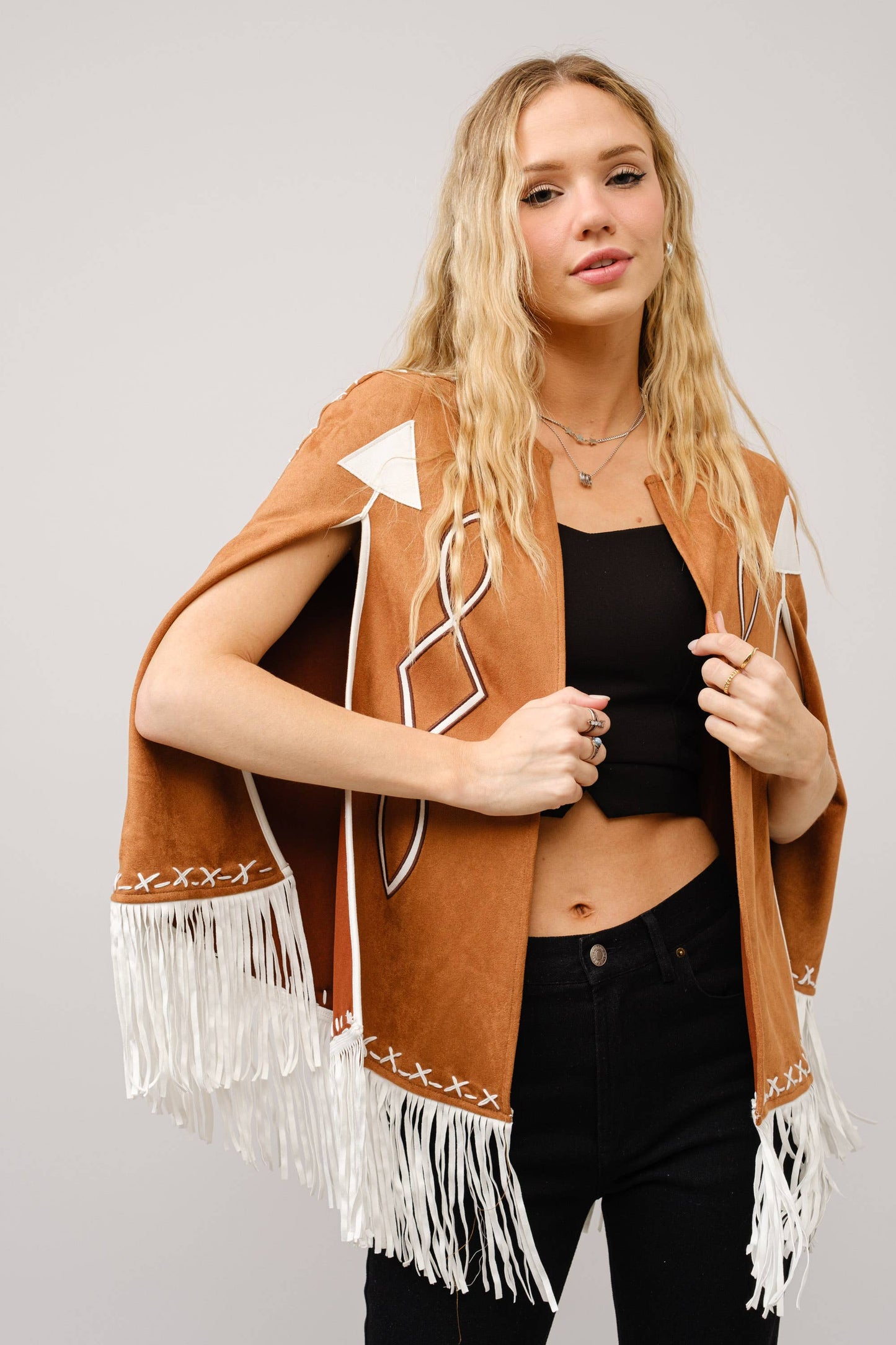Fringe Detail Open Cape Jacket