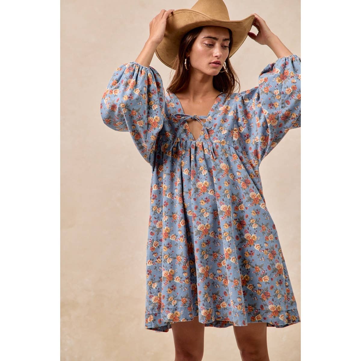 Washed Floral Denim Front Tied Dress
