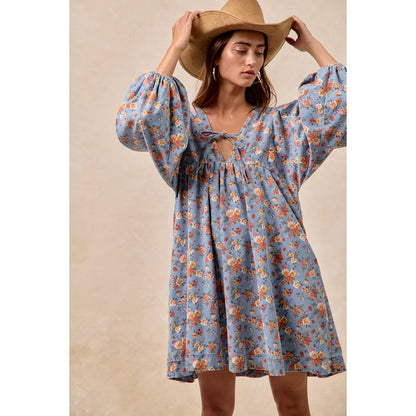 Washed Floral Denim Front Tied Dress