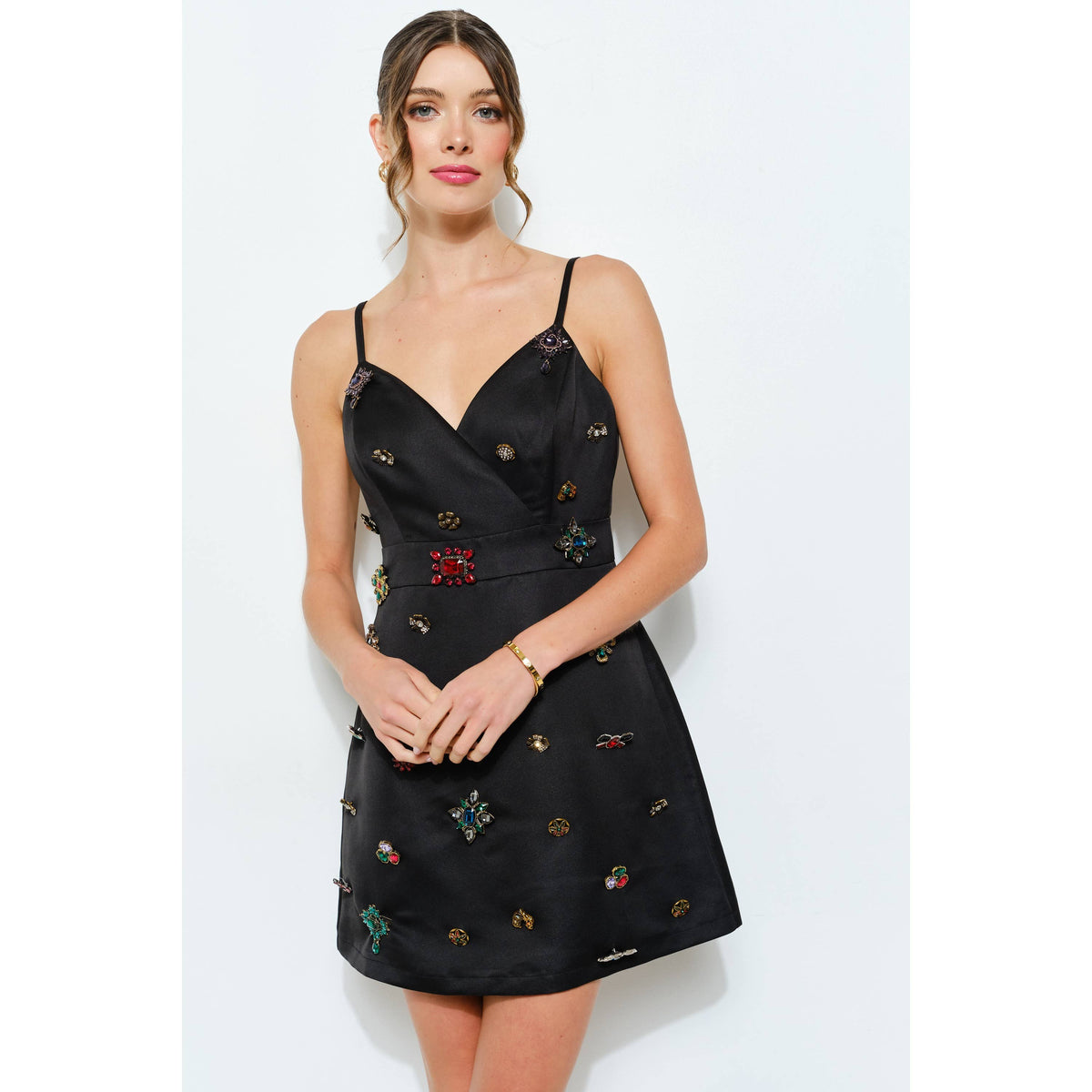 Sleeveless Embellished Jewel Satin Mini Dress