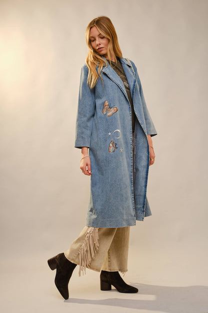 Denim Trench Coat With Embroidery