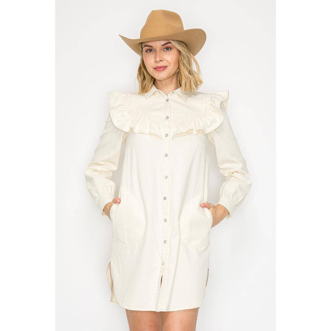 Ruffle Yoke Button-Up Dress