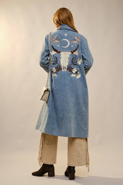 Denim Trench Coat With Embroidery