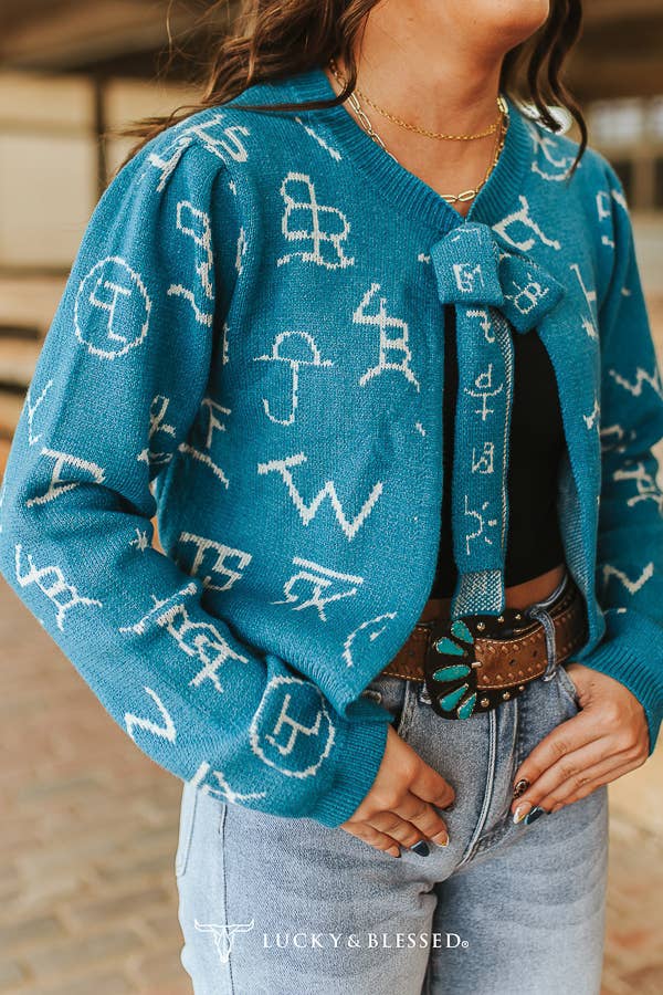 LUCKY & BLESSED Teal Cattle Brand Knit Cardigan