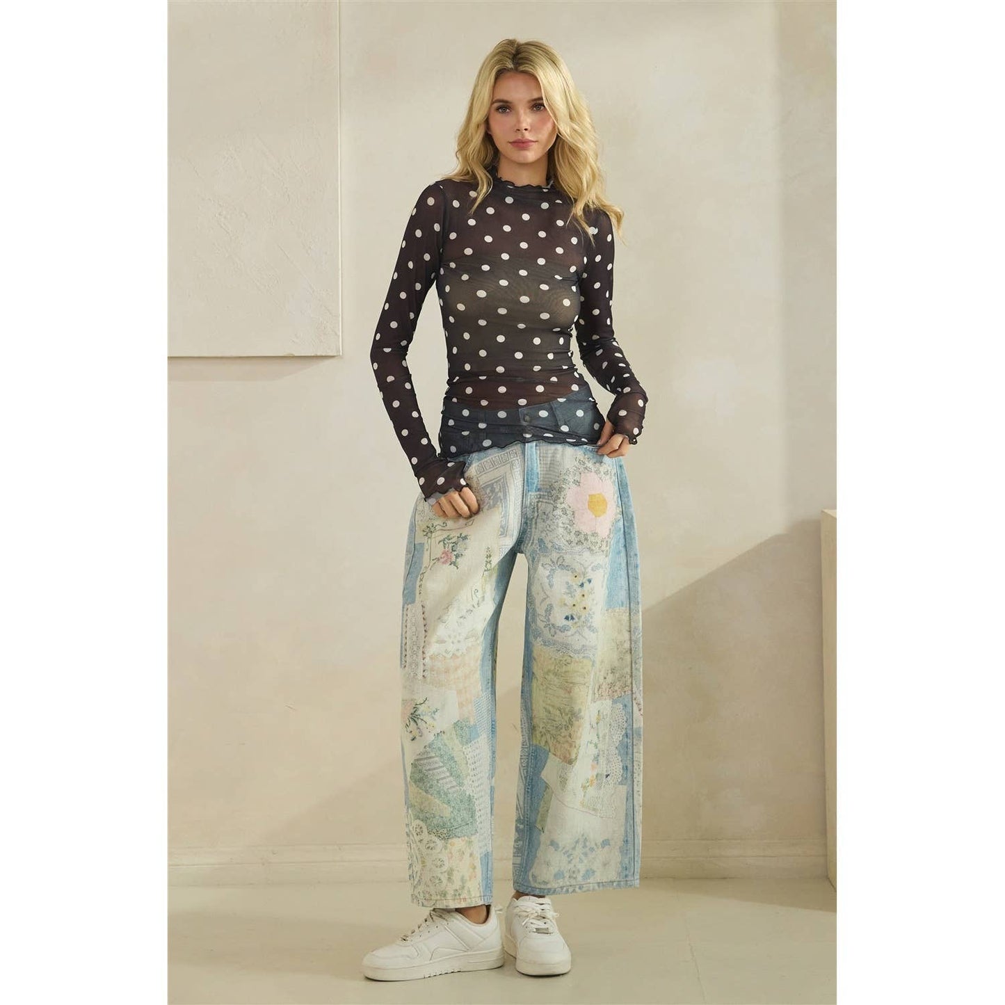 Lace Long Sleeve See Through Polka Dot Top