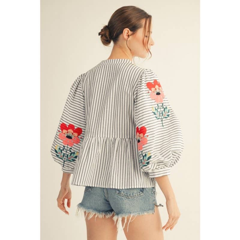 Embroidered Stripe Peplum Top
