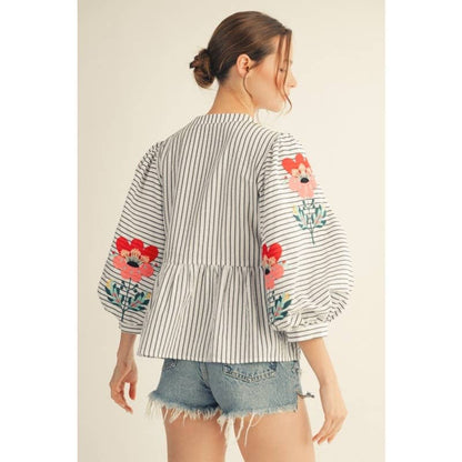Embroidered Stripe Peplum Top