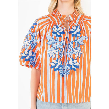 Puff Sleeve Embroidery Detail Striped Top