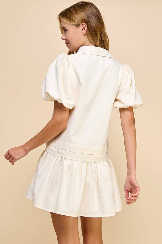 Pleat Detail Puff Sleeves Shirt Dress