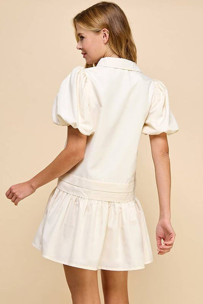 Pleat Detail Puff Sleeves Shirt Dress