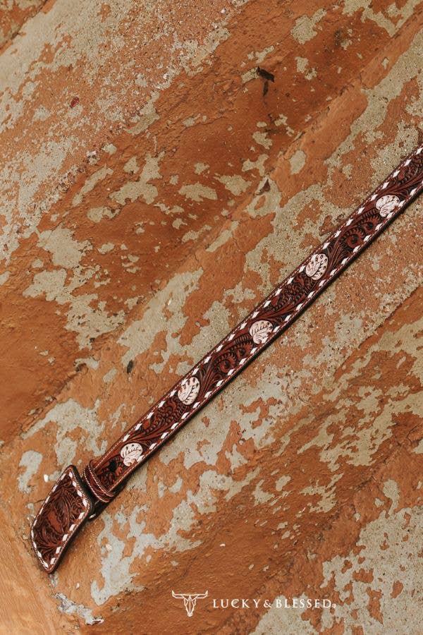 Lucky & Blessed Brown Tooled Floral Leather Belt