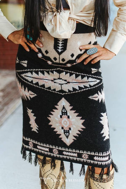Black Aztec Knit Fringe Sweater Skirt
