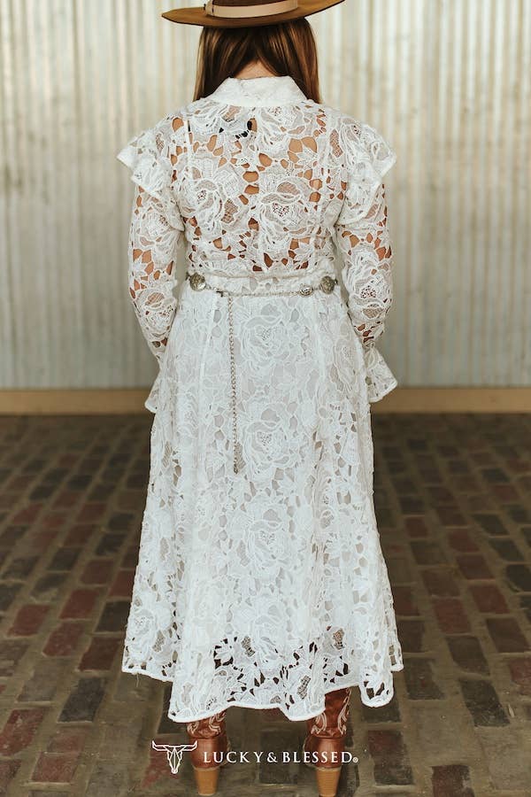 White Crochet Ruffle Lined Button Down Long Sleeve Dress