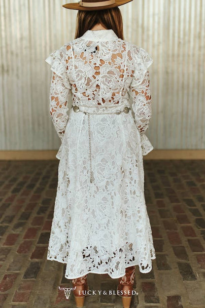 White Crochet Ruffle Lined Button Down Long Sleeve Dress